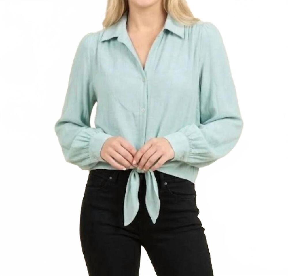 NEW MAVEN WEST tie-front button-down blouse in aqua